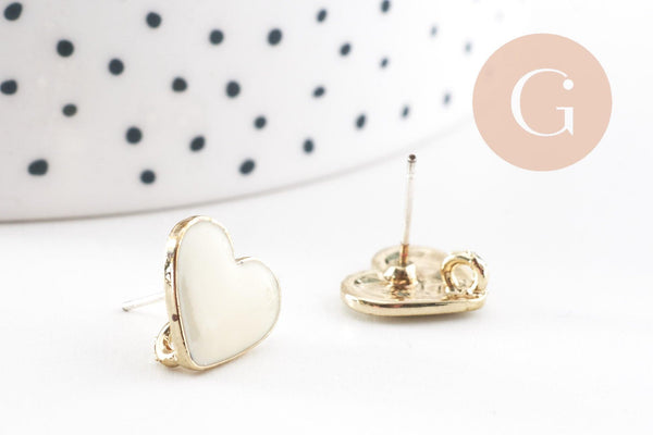 Boucles puces zamac doré coeur émail blanc à personnaliser 11.5mm, la paire (G9900)