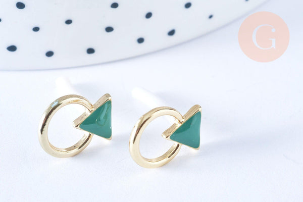 Boucles puces zamac doré triangle émail vert 13.5mm, la paire (G5336)