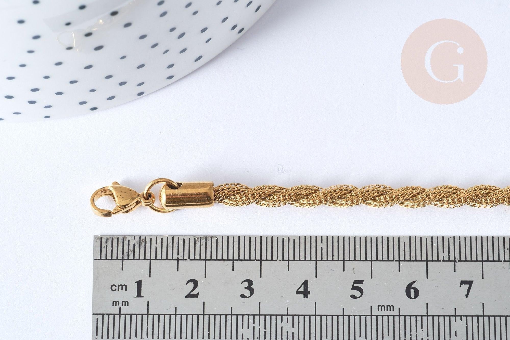 Bracelet Chaines torsadées acier 304 inoxydable doré 17.8cm, x1 (G7791)