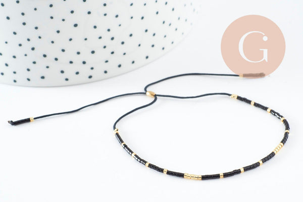 Bracelet Perles de rocailles japonaises noir-bleu or réglable, x1 (G10040)