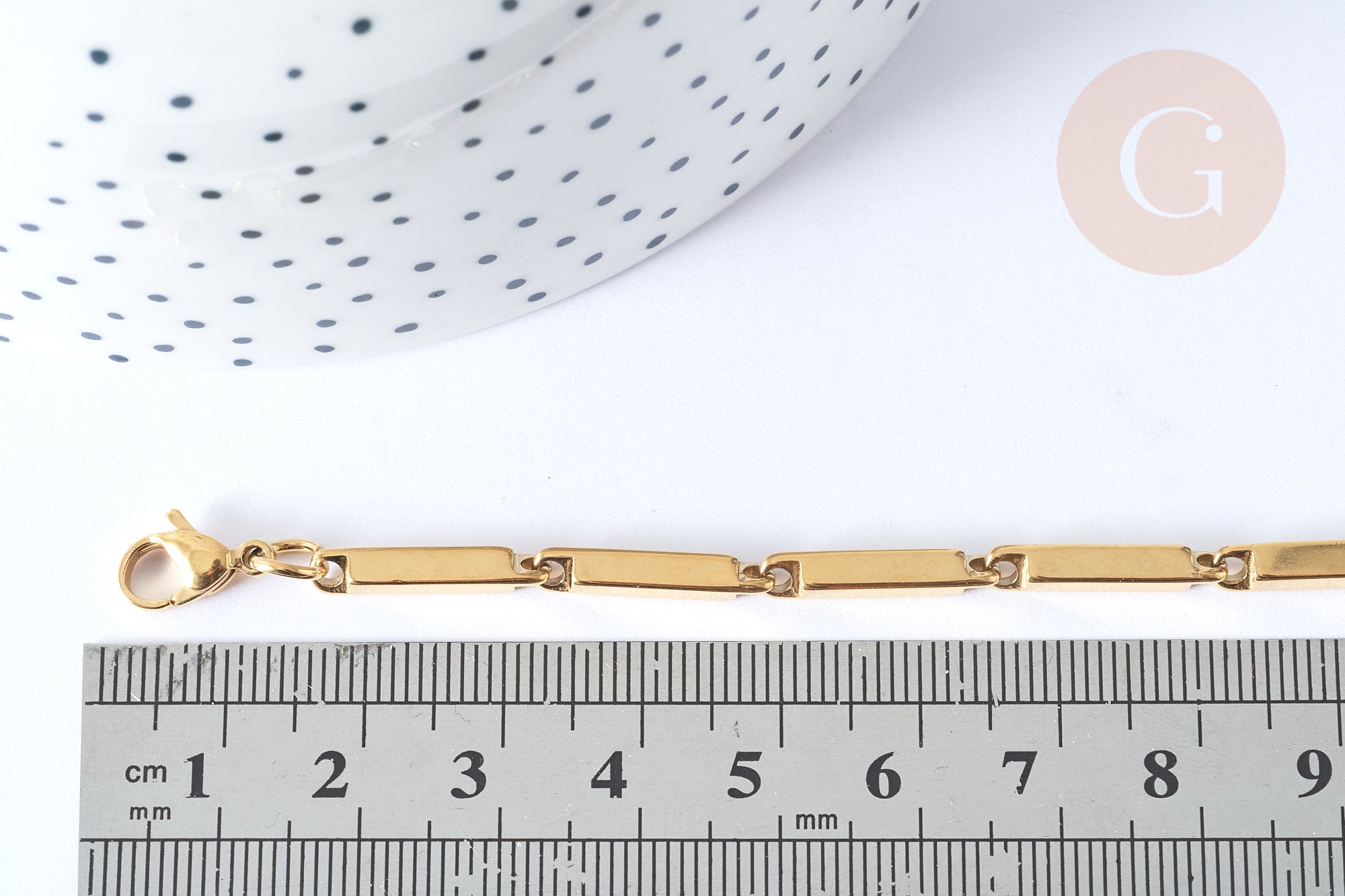 Bracelet Rectangle lisse acier 304 inoxydable doré IP, 21,5cm, sans nickel, x1 (G7825)