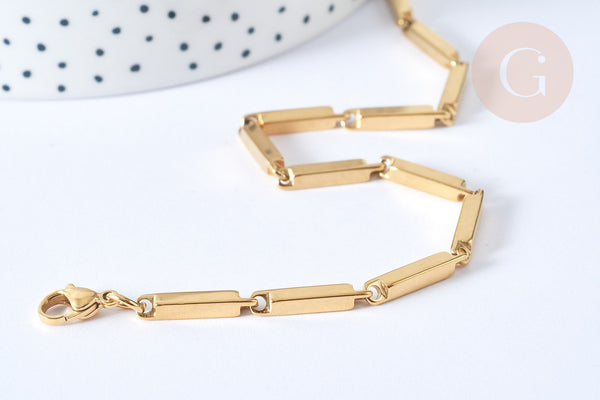 Bracelet Rectangle lisse acier 304 inoxydable doré IP, 21,5cm, sans nickel, x1 (G7825)