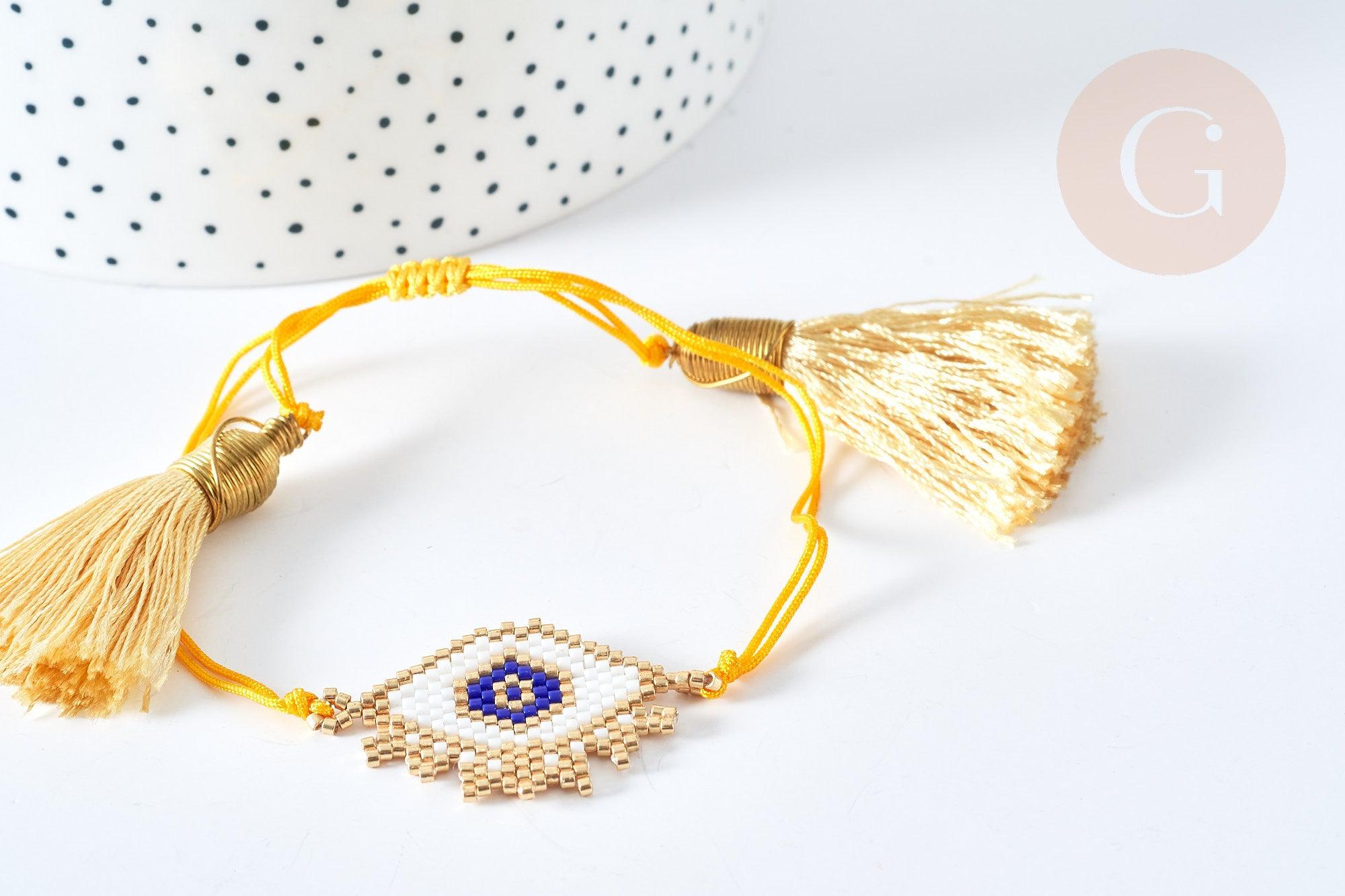 Bracelet Réglable losange mauvais œil jaune et or 28cm cordon nylon perles rocailles tissées, x1 (G7680)