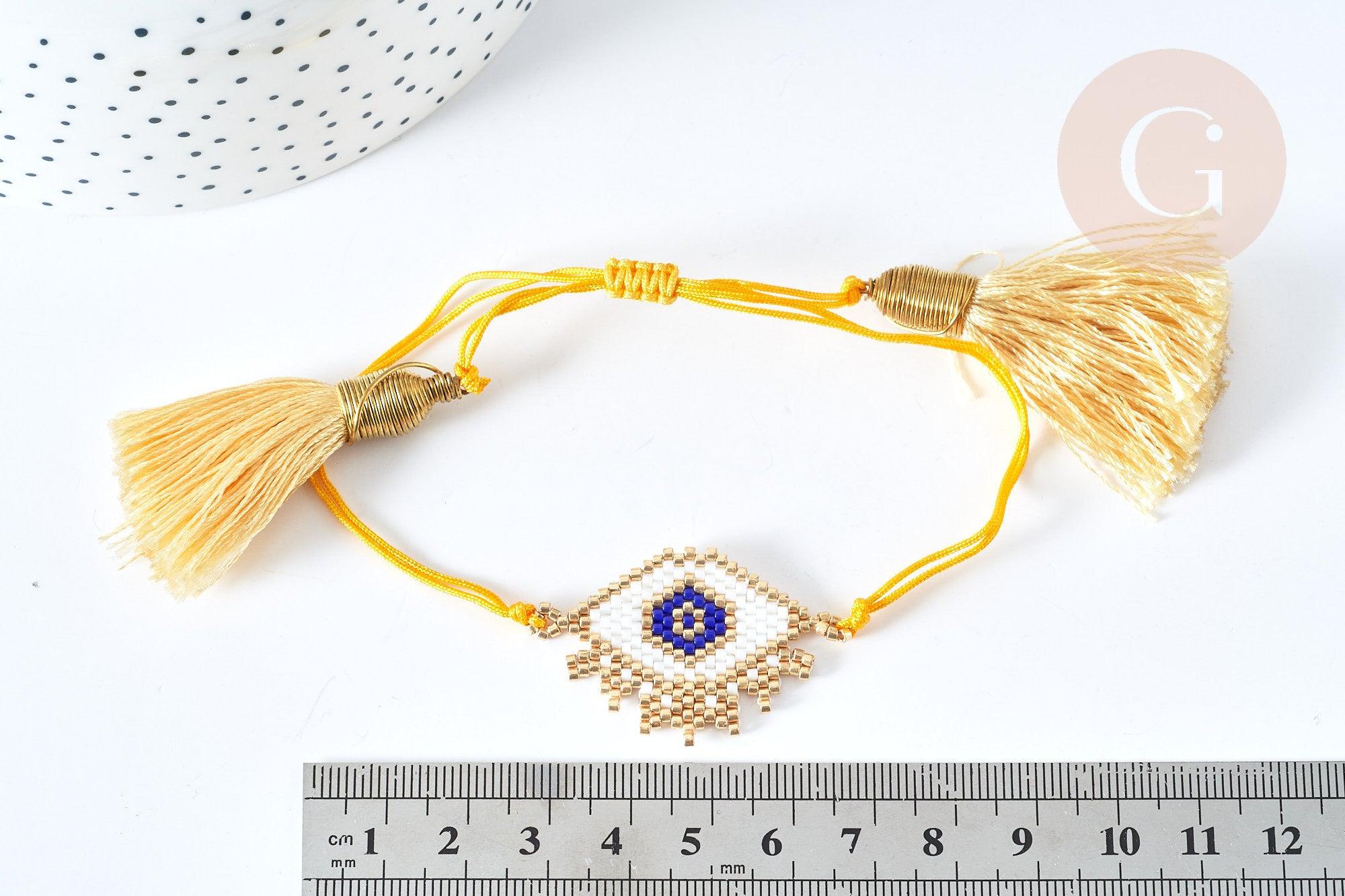 Bracelet Réglable losange mauvais œil jaune et or 28cm cordon nylon perles rocailles tissées, x1 (G7680)