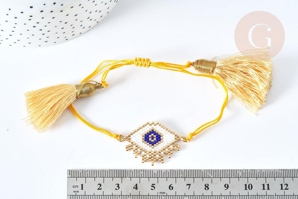 Bracelet Réglable losange mauvais œil jaune et or 28cm cordon nylon perles rocailles tissées , bijou chance à offrir, bracelet amitié, x1 (G7680)