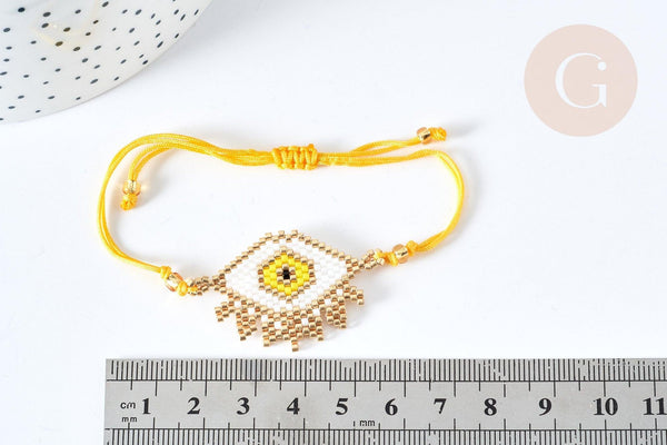 Bracelet Réglable losange mauvais œil jaune et or cordon nylon perles rocailles tissées 28cm, x1 (G7683)