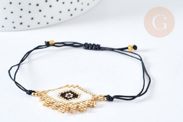 Bracelet Réglable losange mauvais œil noir et or 28cm cordon nylon perles rocailles tissées , bijou chance à offrir, bracelet amitié, x1 (G7678)