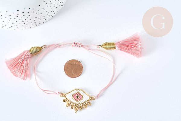 Bracelet Réglable losange mauvais œil rose et or 28cm cordon nylon perles rocailles tissées , bijou chance à offrir, bracelet amitié, x1 (G7681)