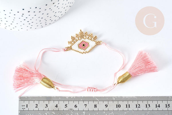 Bracelet Réglable losange mauvais œil rose et or 28cm cordon nylon perles rocailles tissées , bijou chance à offrir, bracelet amitié, x1 (G7681)