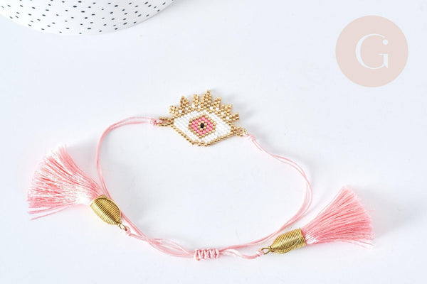 Bracelet Réglable losange mauvais œil rose et or 28cm cordon nylon perles rocailles tissées , bijou chance à offrir, bracelet amitié, x1 (G7681)
