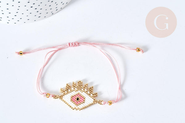 Bracelet Réglable losange mauvais œil rose or 28cm cordon nylon perles rocailles tissées , x1 (G7691)