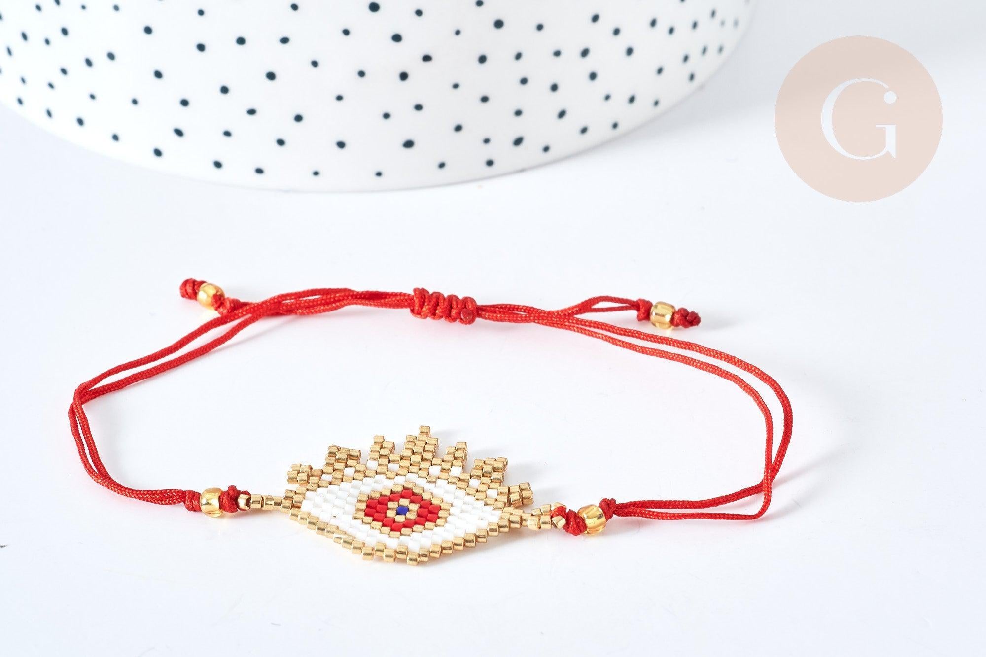 Bracelet Réglable losange mauvais œil rouge or 28cm cordon nylon perles rocailles tissées , bijou chance à offrir, bracelet amitié, x1 (G7677)