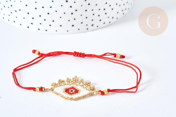Bracelet Réglable losange mauvais œil rouge or 28cm cordon nylon perles rocailles tissées , bijou chance à offrir, bracelet amitié, x1 (G7677)
