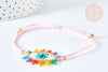 Bracelet Réglable mauvais œil multicolore 28cm cordon rose nylon perles rocailles tissées , x1 (G7689)
