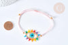 Bracelet Réglable mauvais œil multicolore 28cm cordon rose nylon perles rocailles tissées , x1 (G7689)