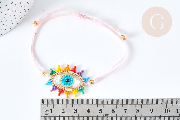 Bracelet Réglable mauvais œil multicolore 28cm cordon rose nylon perles rocailles tissées , x1 (G7689)