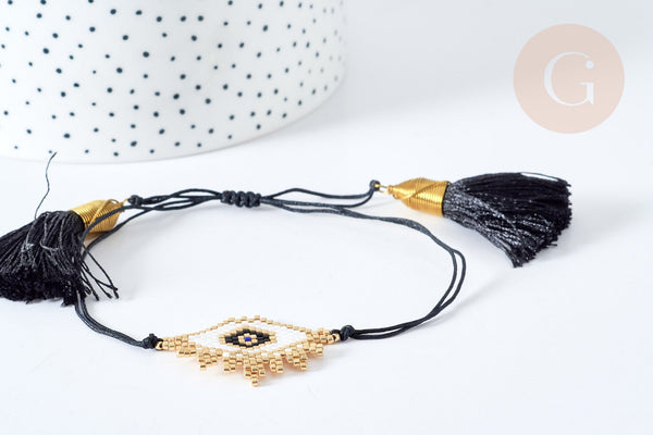 Bracelet Réglable mauvais œil noir et or 28cm cordon nylon perles rocailles tissées , bijou chance à offrir, bracelet amitié, x1 (G7679)