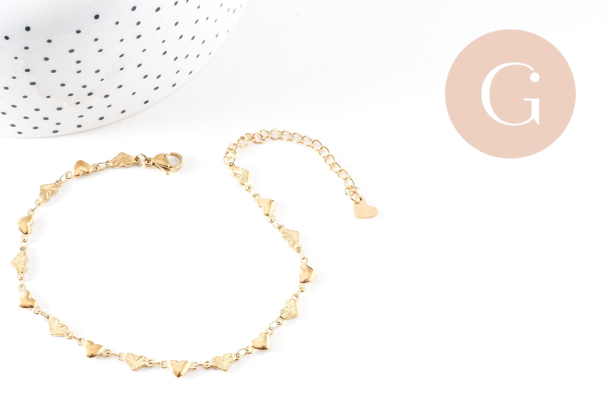 Bracelet acier doré 14k cœur 21cm, x1 (G5346)