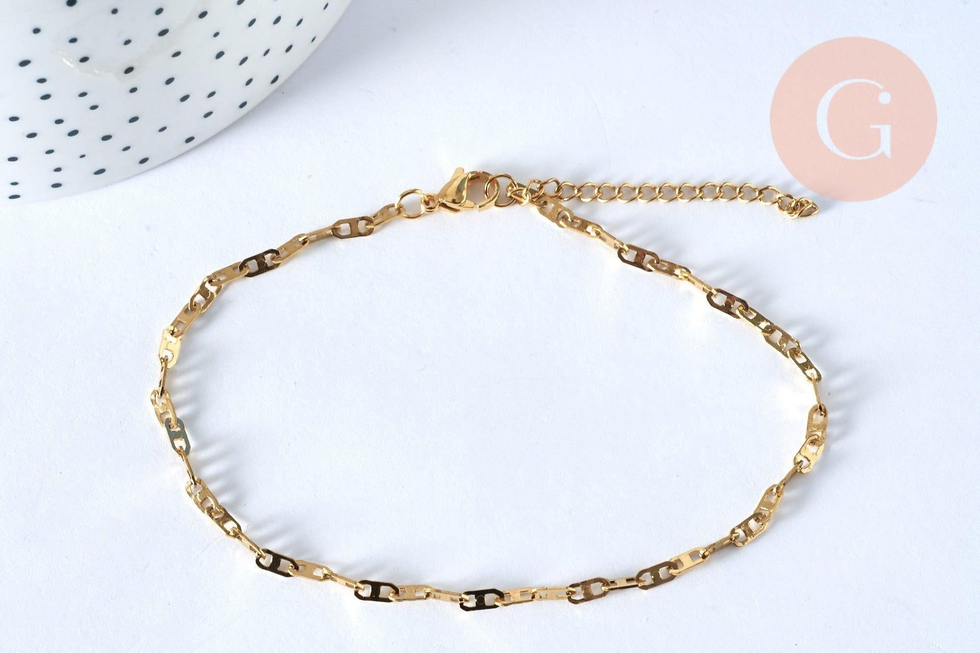 Bracelet chaine cheville torsadé acier inoxydable 304 doré 23.7cm, x1 (G4858)
