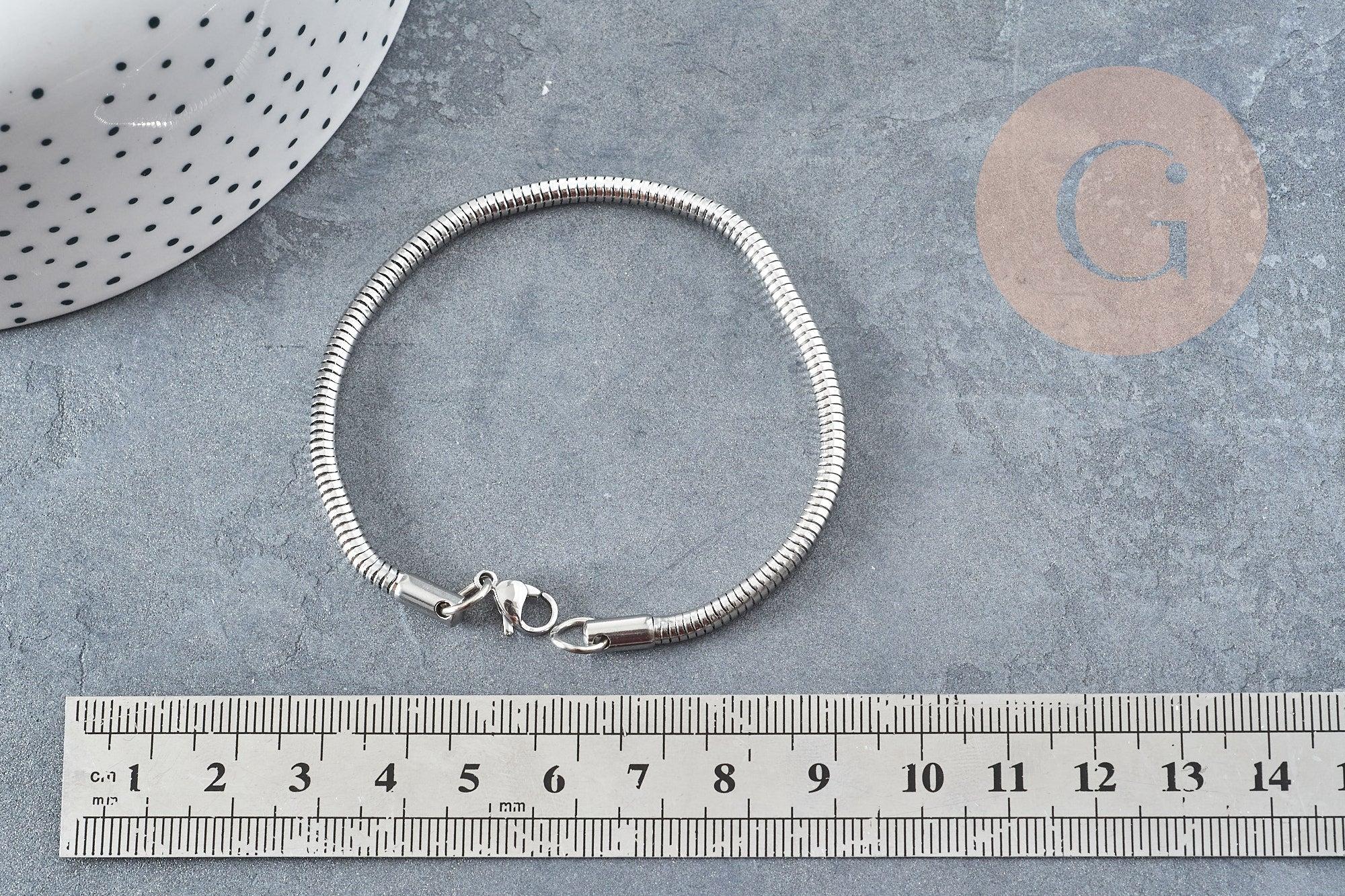 Bracelet chaine ronde serpent acier 304 inoxydable platine 190x3mm, x1 (G9041)