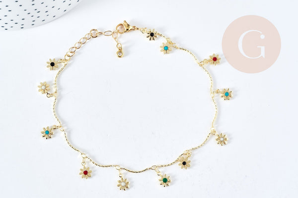 Bracelet fleurs marguerites laiton doré émaillé multicolore 24.5mm, x1 (G8787)