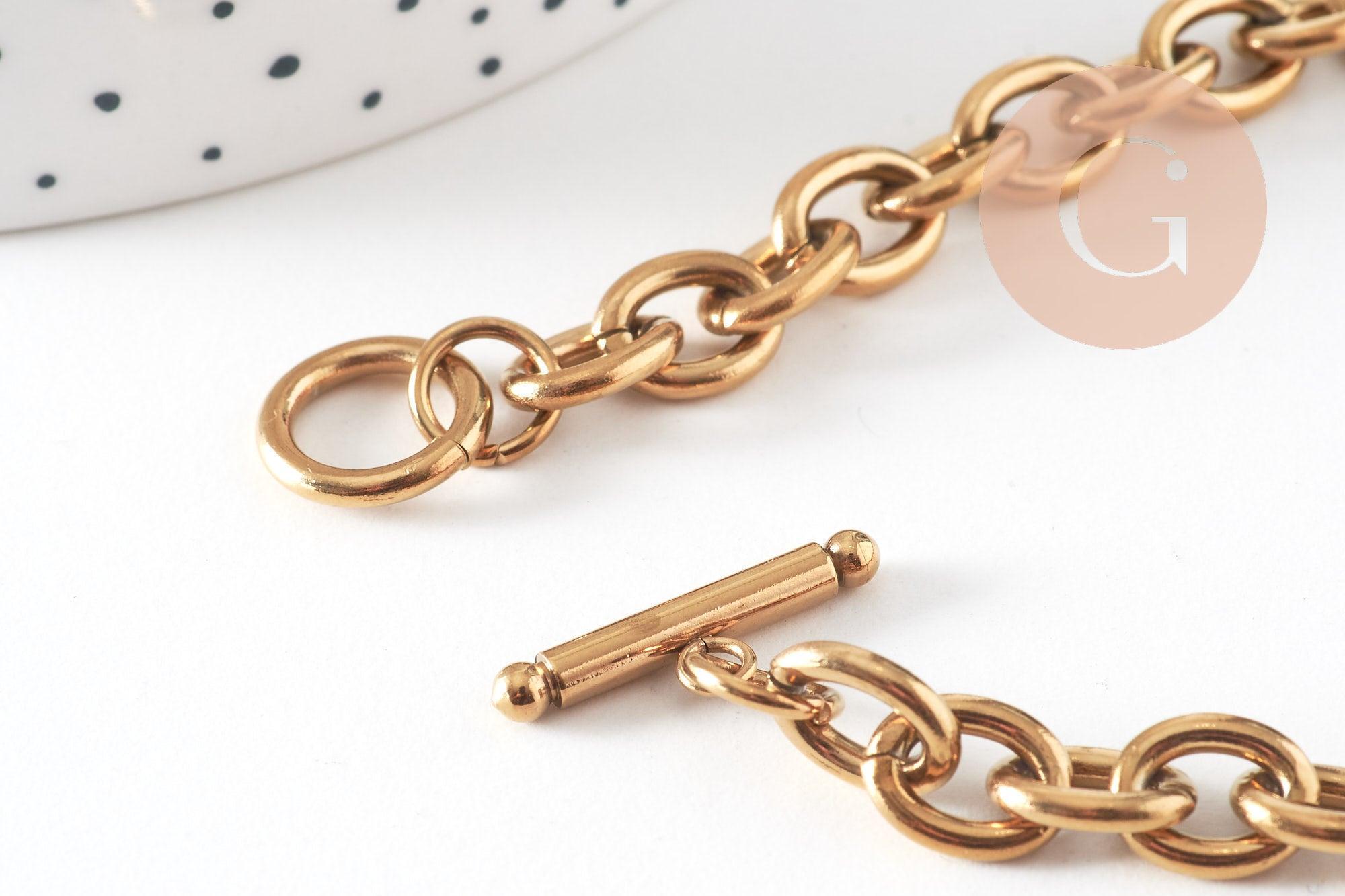 Bracelet grosse maille acier 304 inoxydable doré 14k 22cm, x1 (G4198)