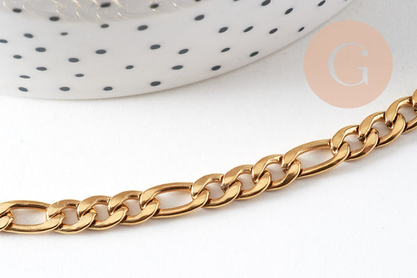 Bracelet grosse maille figaro gourmette acier doré 14k 20cm, x1 (G4448)