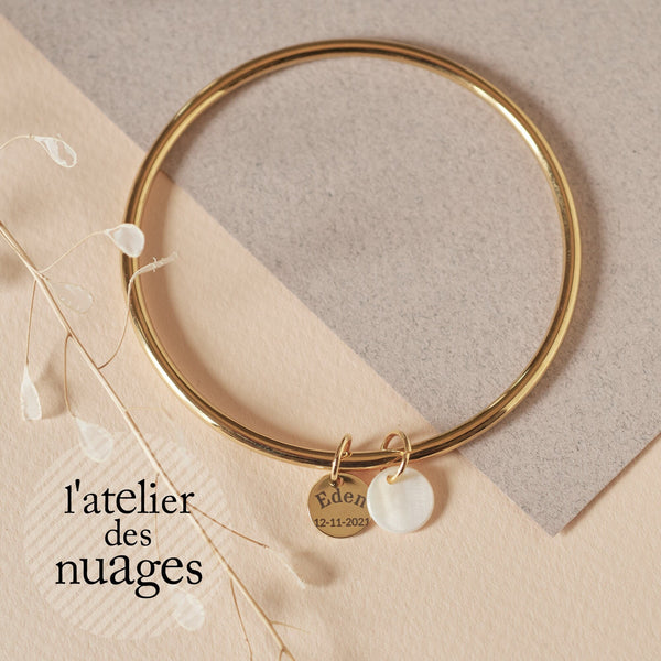 Bracelet jonc à personnaliser Acier Inoxydable 304 avec Médaille & nacre, x1 (ADN2)