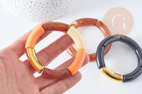 Bracelet jonc élastiqué résine ambre, noir et or imitation pierre 50mm, x1 (G8831)