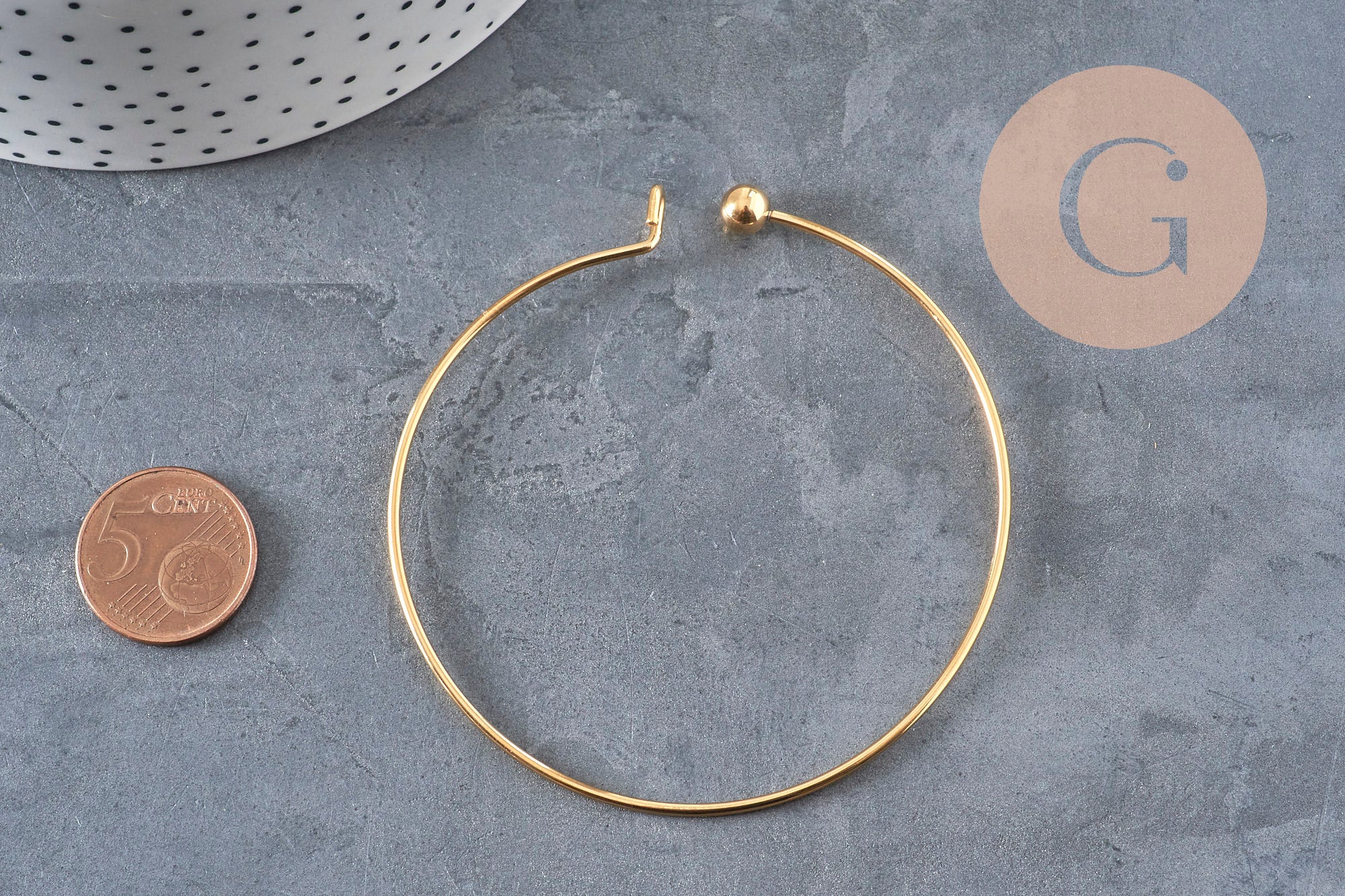 Golden smooth ball stainless steel 304 bangle bracelet 62mm, x1 (G11264)