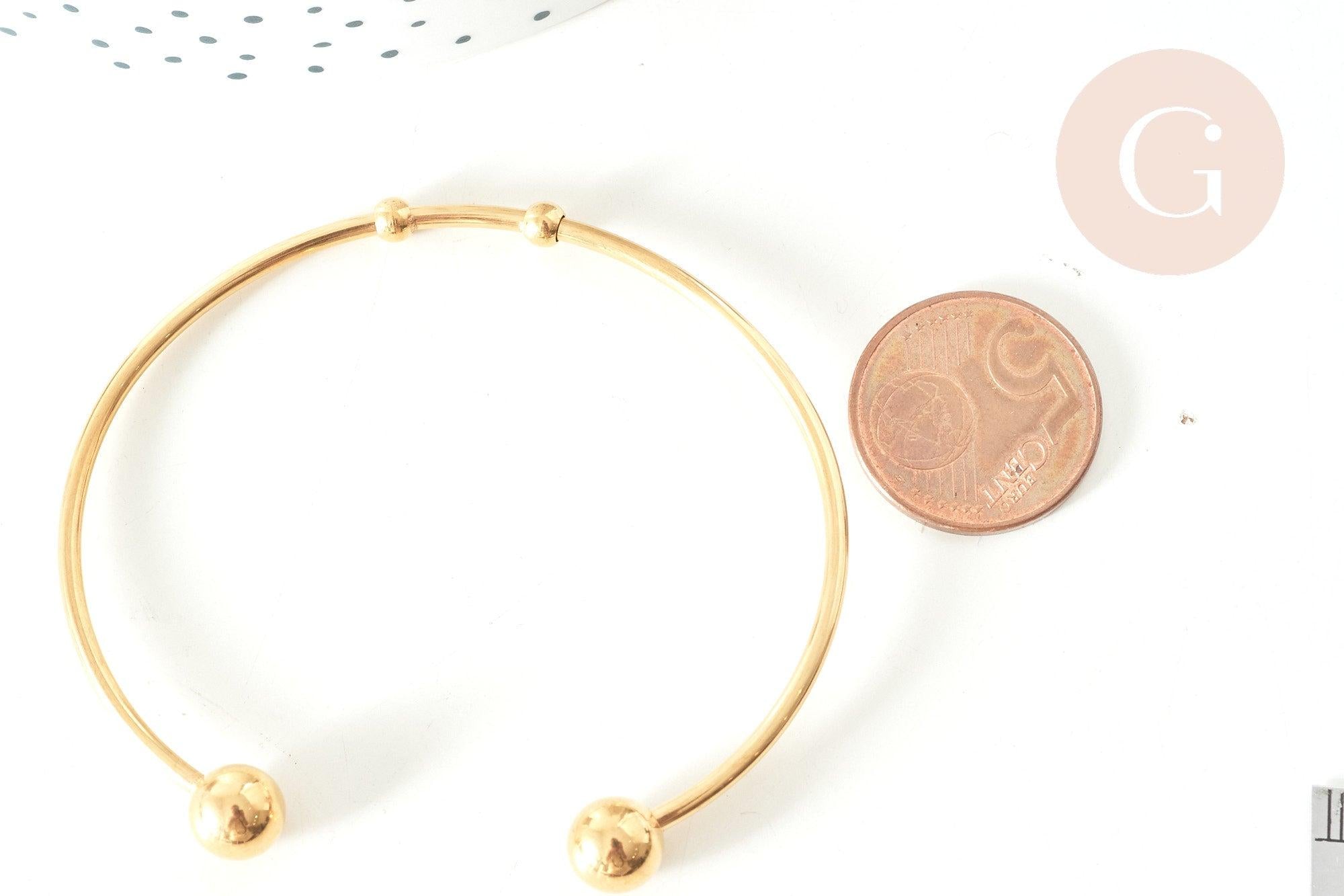 Bracelet jonc ouvert finition boule 2mm acier 304 inoxydable doré 50~65mm, x1 (G7734)