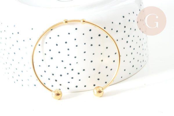 Bracelet jonc ouvert finition boule 2mm acier 304 inoxydable doré 50~65mm, x1 (G7734)