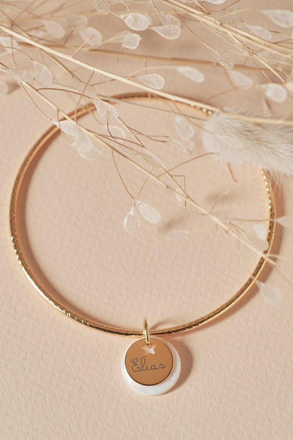 Bracelet jonc texturé à personnaliser Acier Inoxydable 304 avec Médaille étoile & nacre, x1 (ADN7)