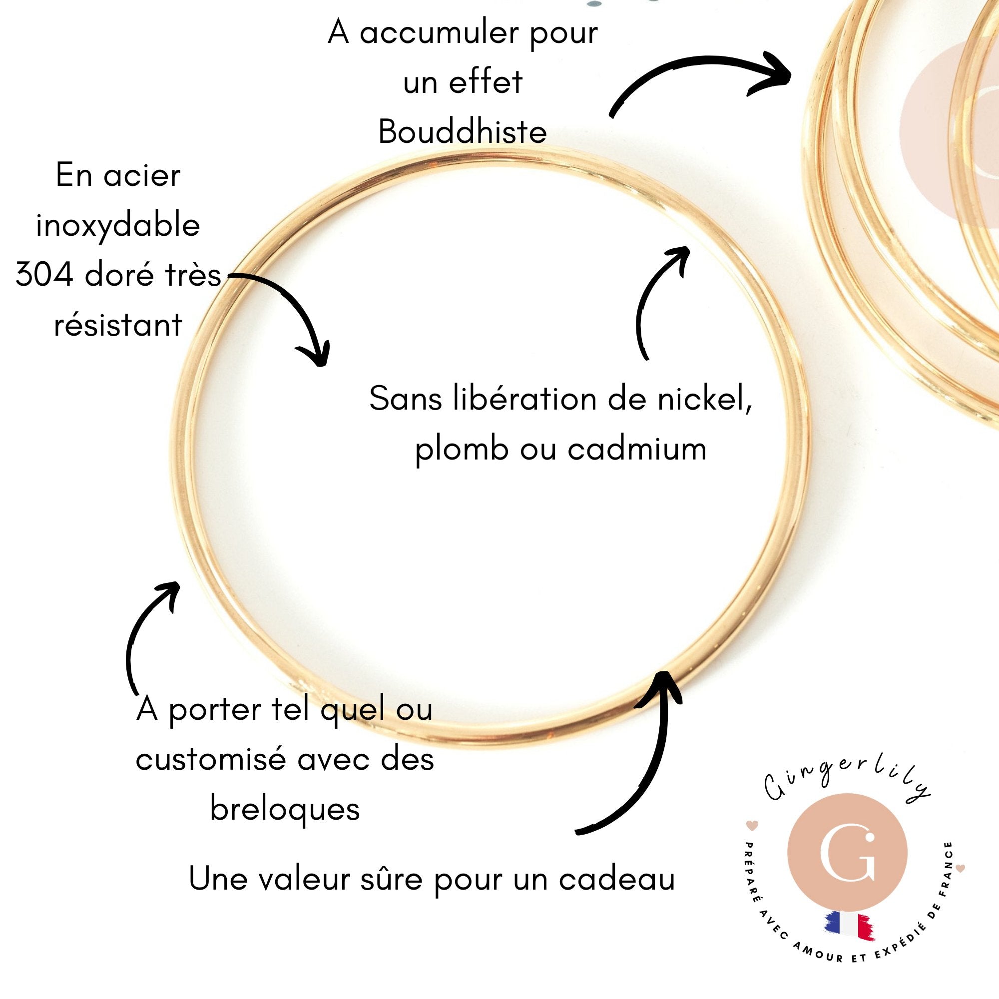 Bracelet jonc tibétain 2mm acier doré 66mm x1 (G9801)