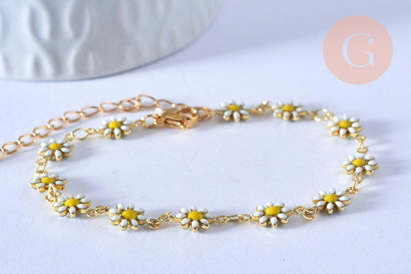 Bracelet laiton et marguerite émaillée, bracelet doré reglable, laiton doré,sans nickel,18.9cm, x1 G4855