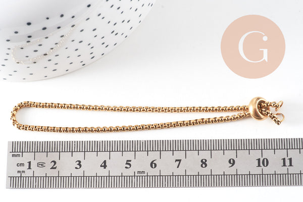 Bracelet maille rolo réglable fermoir coulissant acier inoxydable 304 doré 14k 24cm, x1 (G0188)