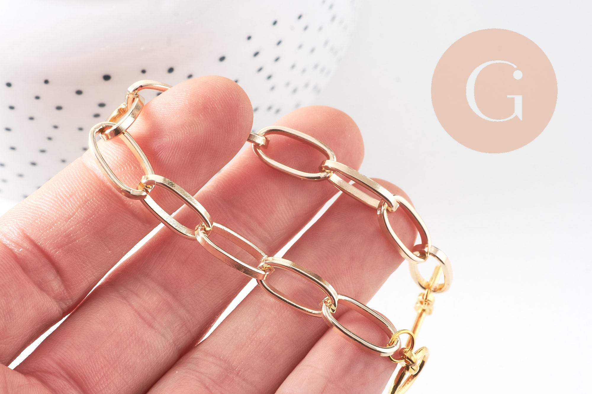 Bracelet maille trombone aluminium doré, bracelet doré à gros maillons, 18.3cm, x1 (G4933)