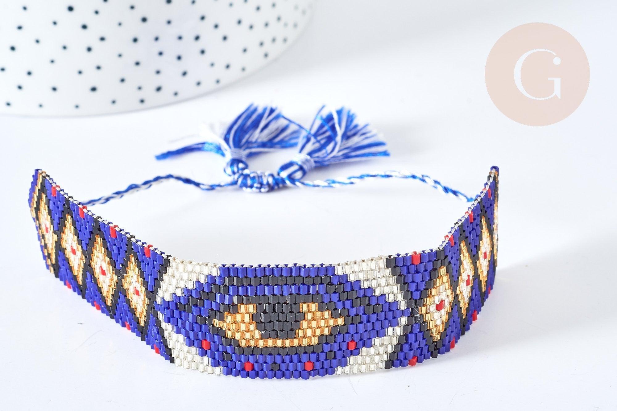 Bracelet manchette Réglable oeil protecteur perles rocailles tissées bleu 28cm, x1 (G7684)