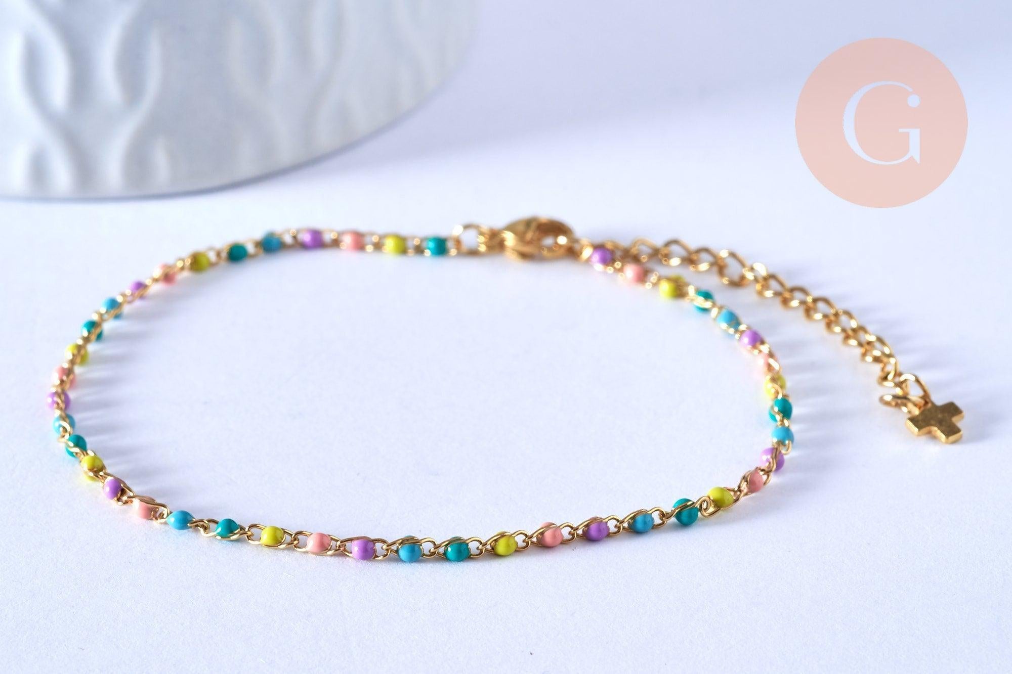 Bracelet ou collier acier 304 inoxydable doré 14k résine multicolore 2-3mm/19cm, x1 (G3774)