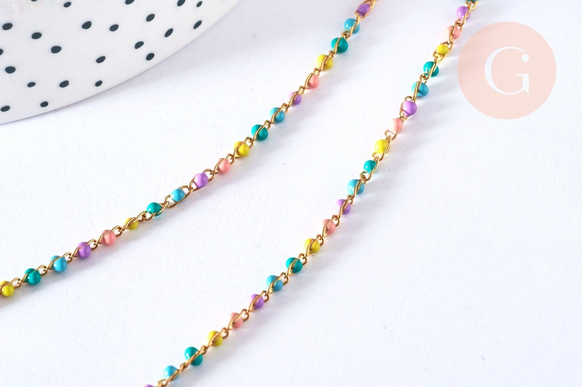 Bracelet ou collier acier 304 inoxydable doré 14k résine multicolore 2-3mm/19cm, x1 (G3774)
