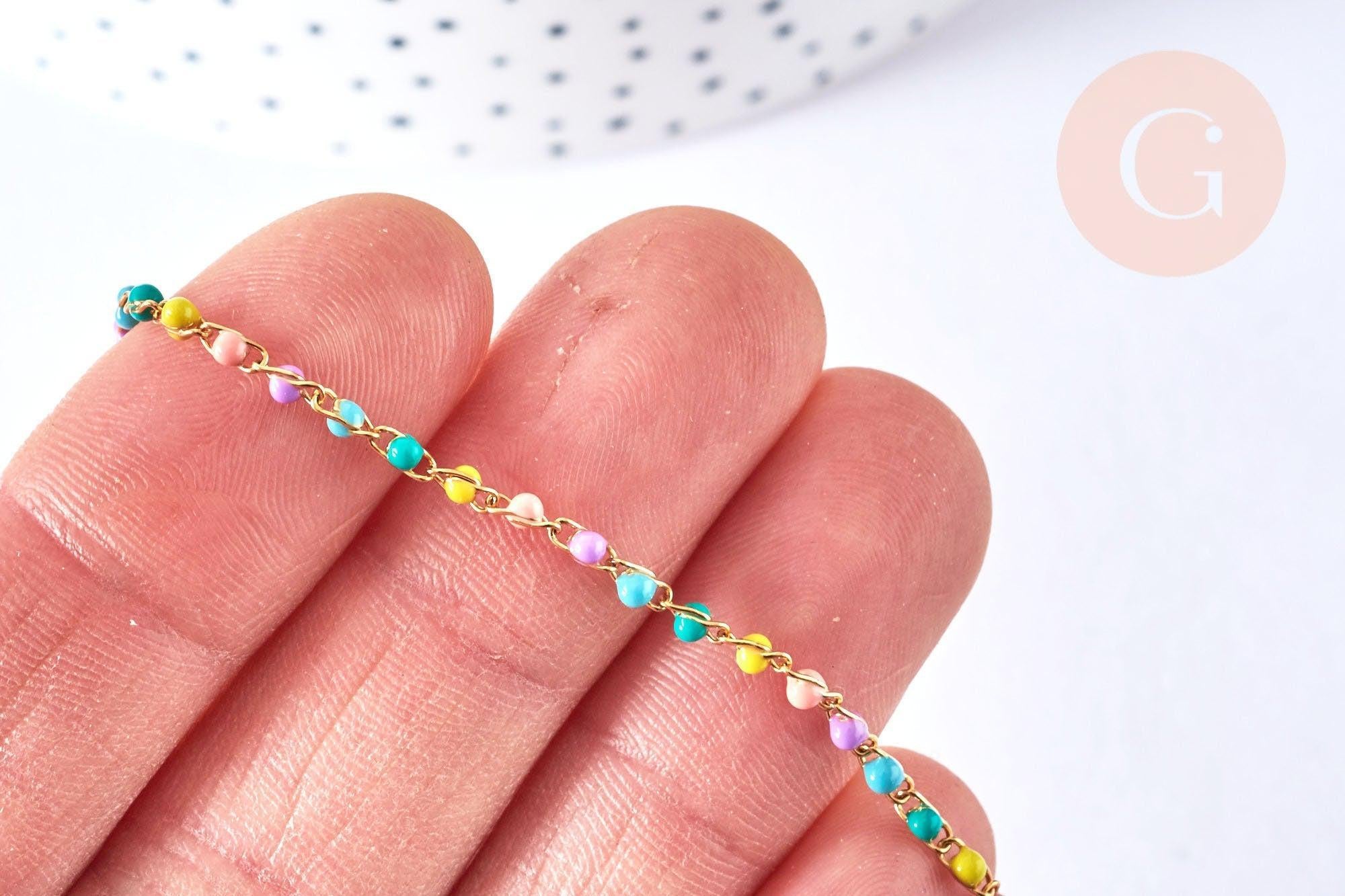 Bracelet ou collier acier 304 inoxydable doré 14k résine multicolore 2-3mm/19cm, x1 (G3774)
