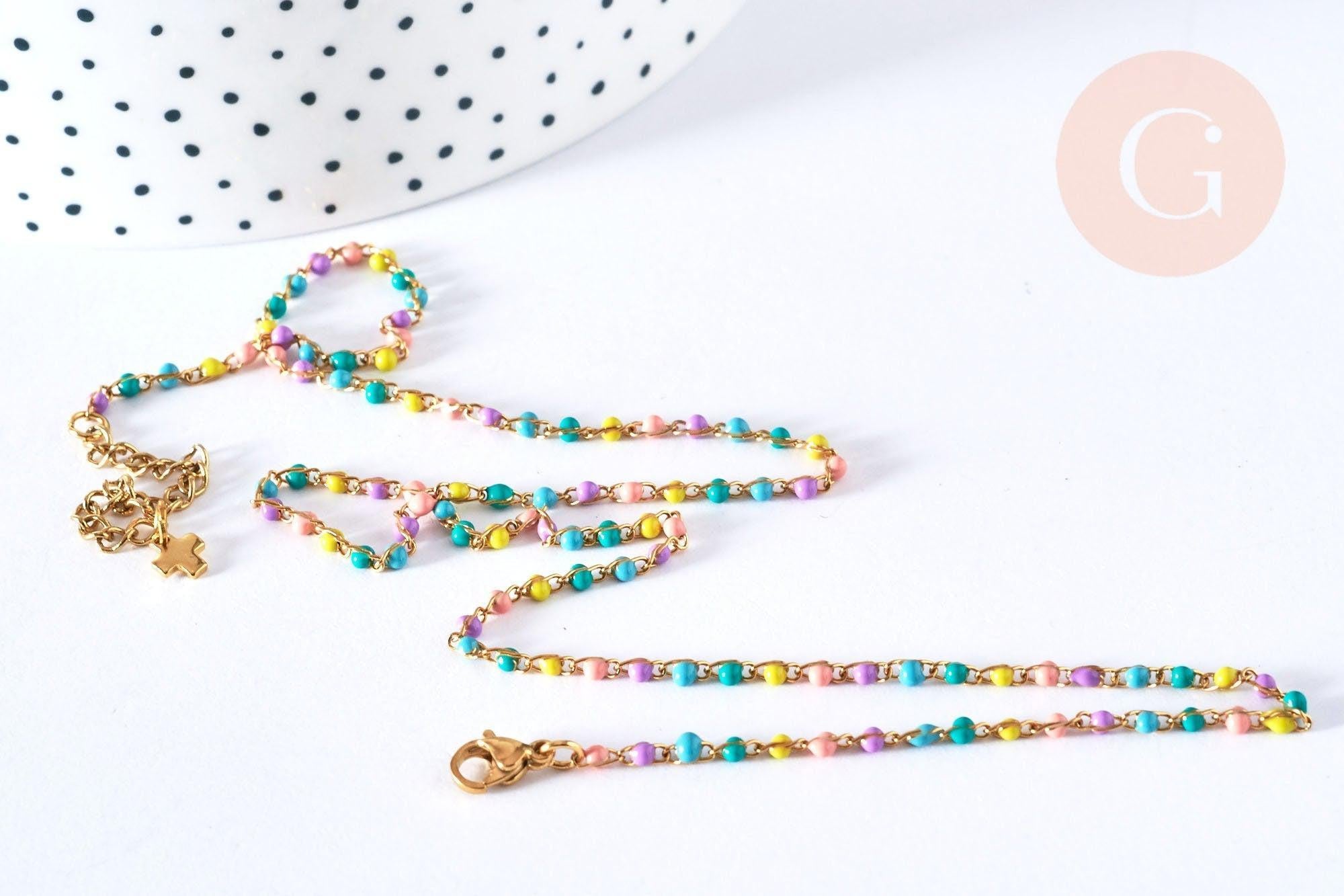 Bracelet ou collier acier 304 inoxydable doré 14k résine multicolore 2-3mm/19cm, x1 (G3774)