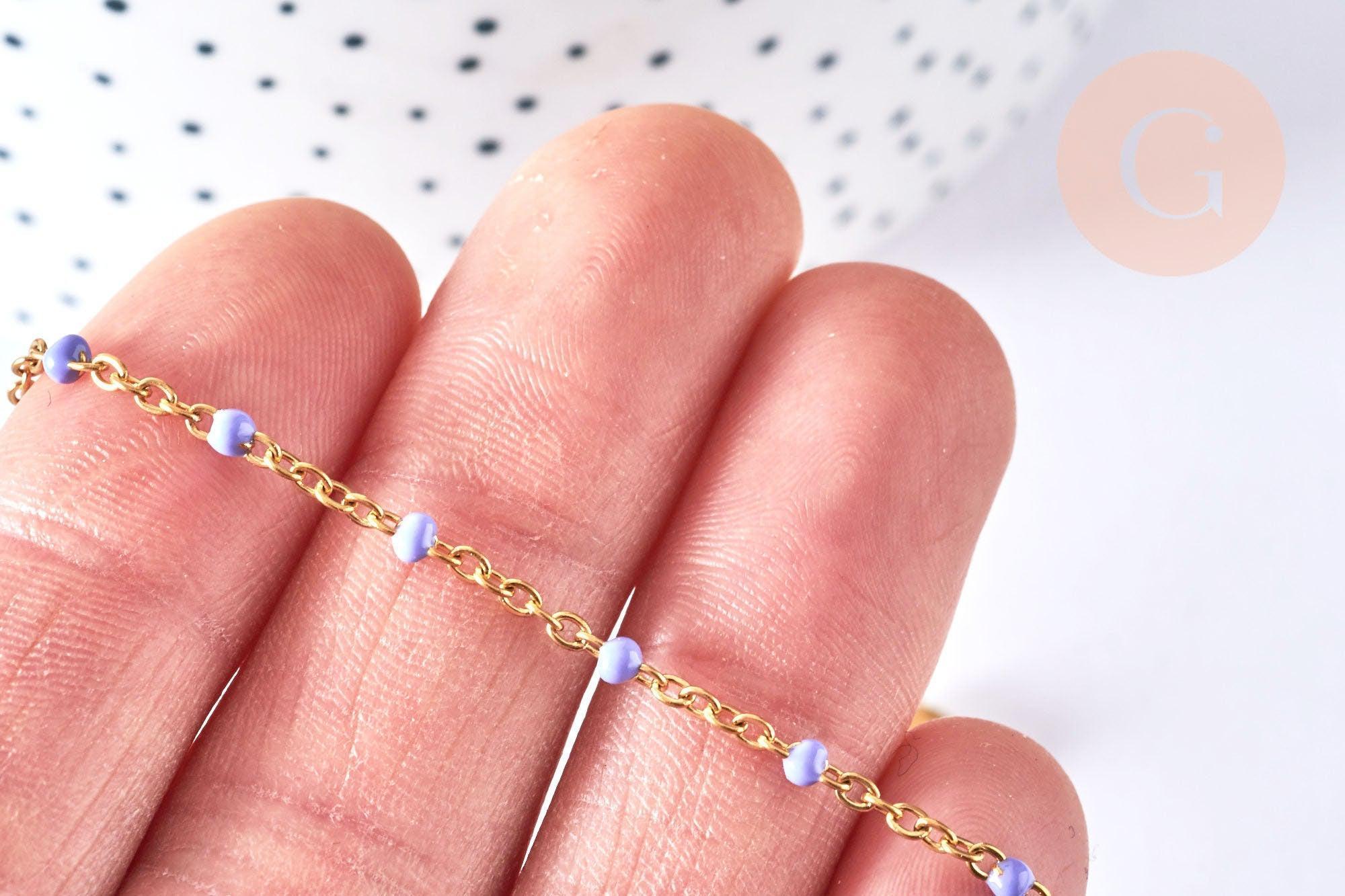 Bracelet ou collier acier doré 14k résine lilas 1.5mm-20.5cm, x1 (G3598)