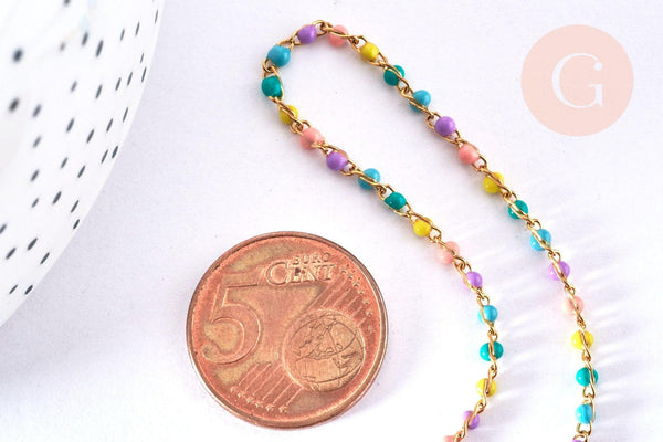 Bracelet ou collier acier doré 14k résine multicolore,chaine dorée, bracelet chaîne fine,2-3mm,19cm, x1 G3774
