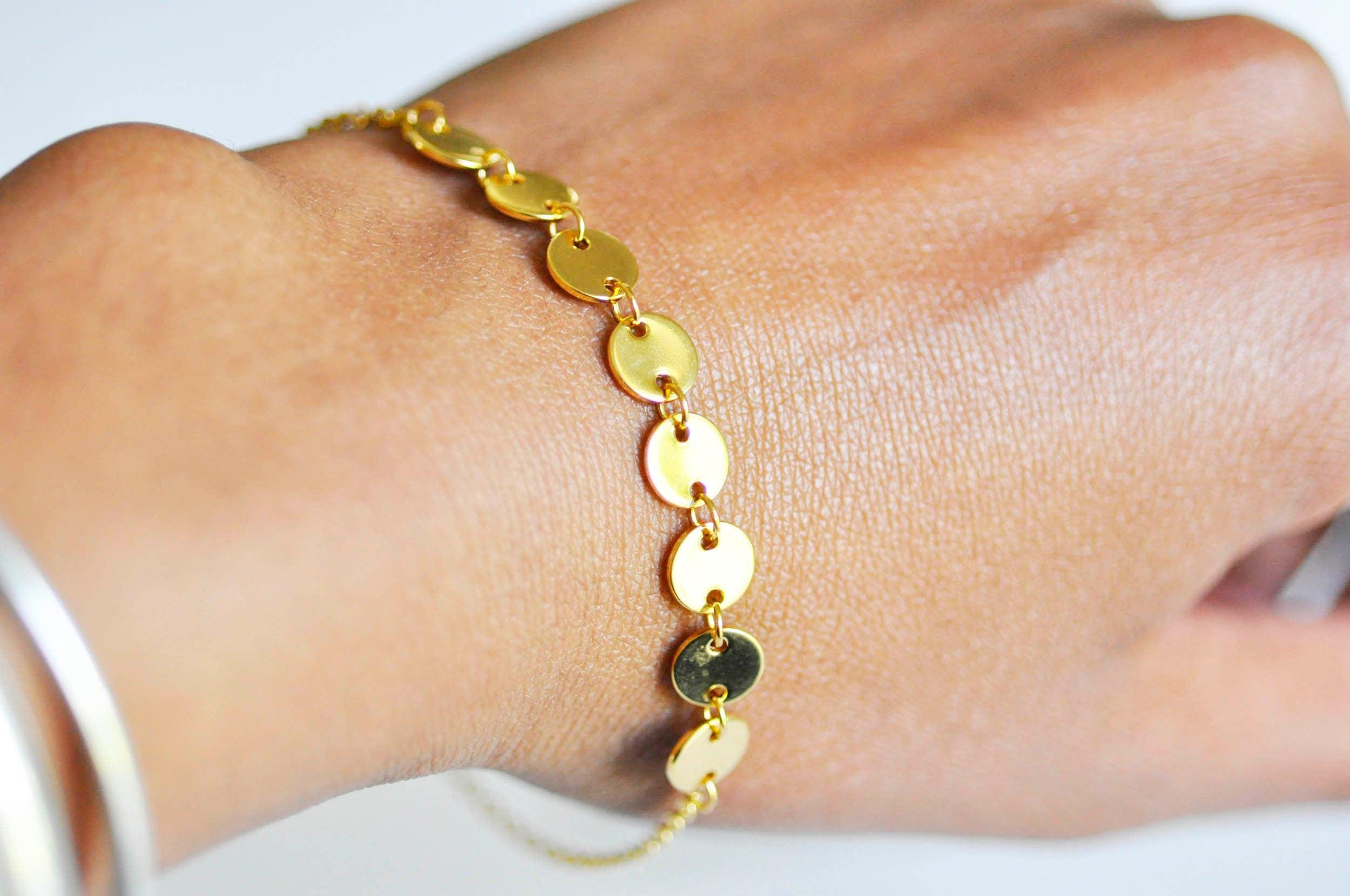 Bracelet pastilles acier doré 14k, acier chirurgical, sans nickel, 20cm, x1 (G0563)