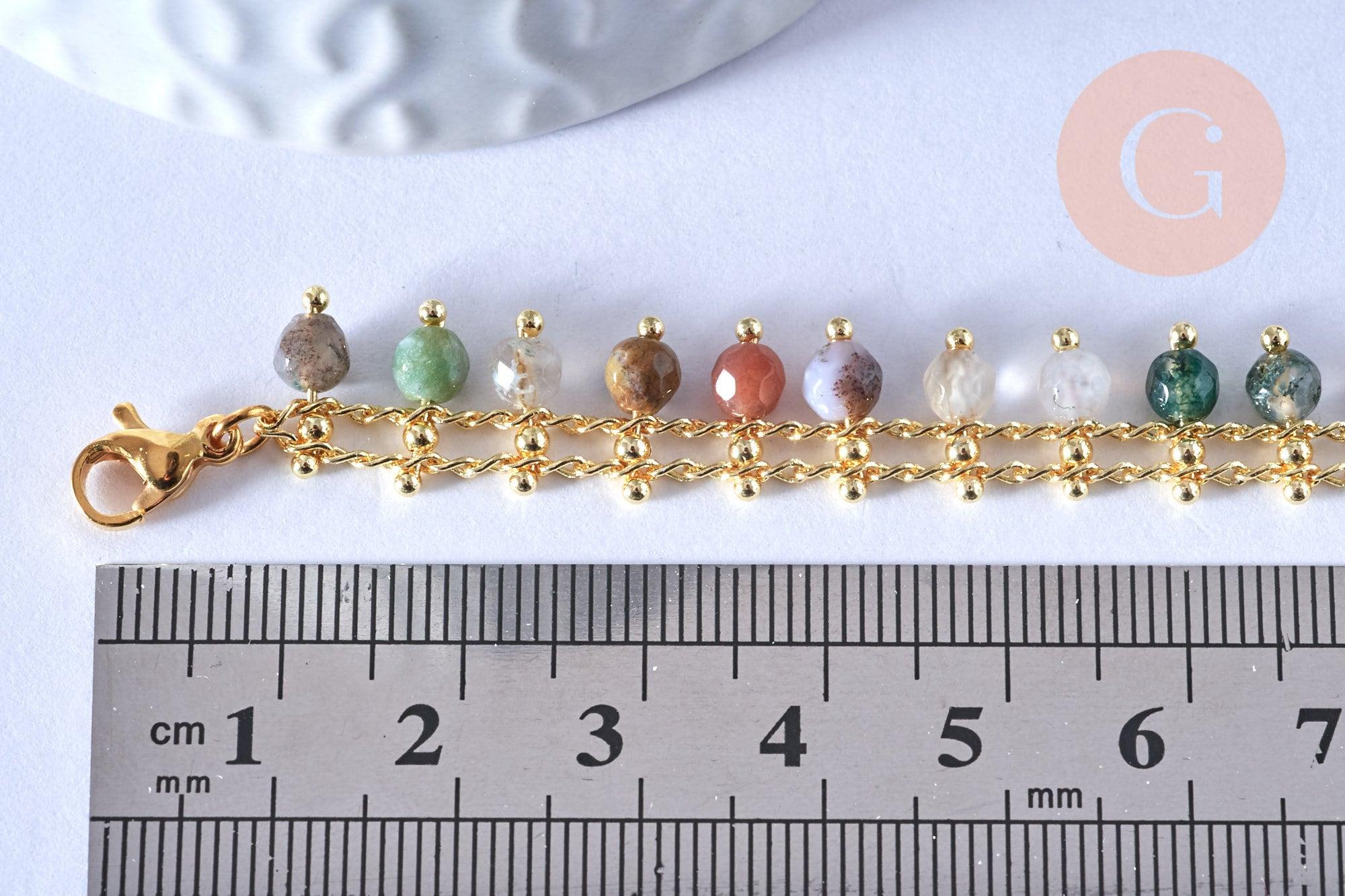 Bracelet perle agate naturelle réglable laiton doré 14k 18cm, x1 (G5803)