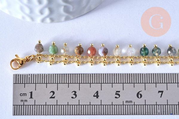 Bracelet perle agate naturelle réglable laiton doré 14k 18cm, x1 (G5803)