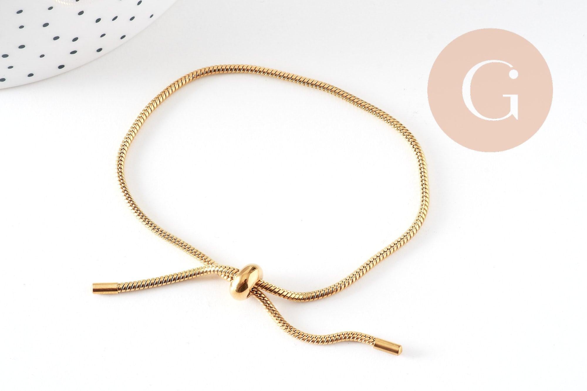 Bracelet réglable chaine serpent fermoir frein acier 304 inoxydable doré IP 14k 2mm/ 27cm, x1 (G5496)