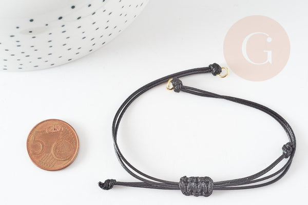 Bracelet réglable cordon ciré noir or acier 304 inoxydable 13-14cm, x1 (G9267)