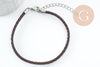 Bracelet réglable cuir cacao acier platine 304 inoxydable 3mm-21.5cm, bracelet unisexe acier inoxydable, x 1 (G9574)